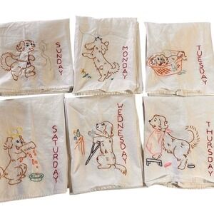 Unbranded Vintage Embroidered Dog Days of the Week Towels Set of 6 White‎